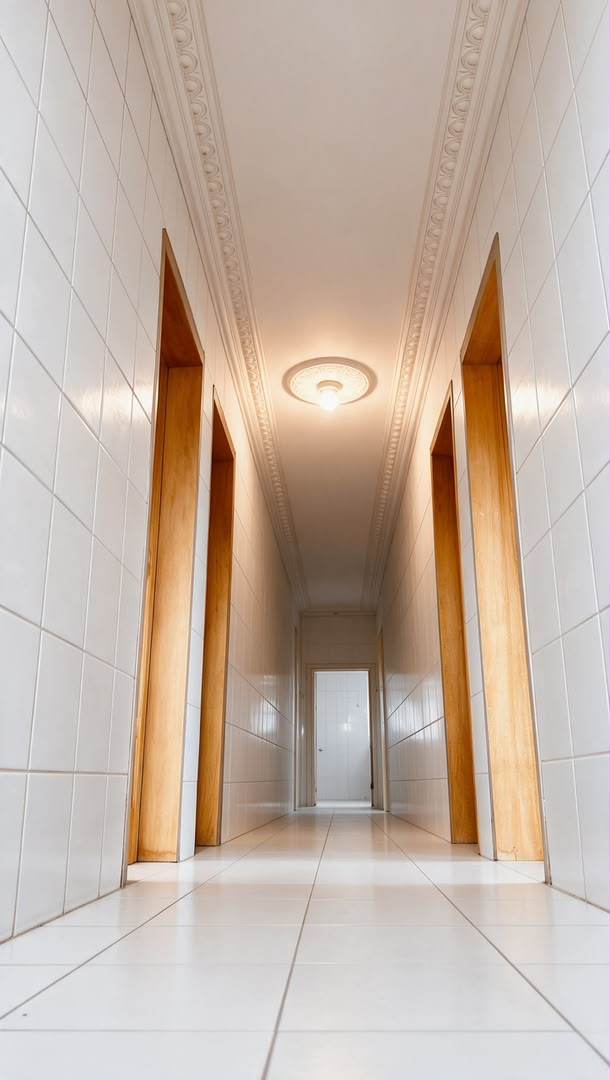 Couloir du centre, carrelé de blanc, bordé de portes en bois, qui mène vers la lumière d'une porte ouverte.