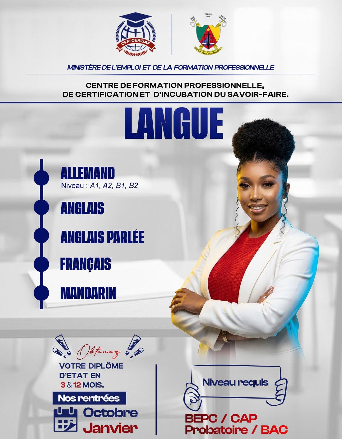 Affiche du pôle Langue publiée par le centre, sous en-tête du Ministère de l'Emploi et de la Formation professionnelle.