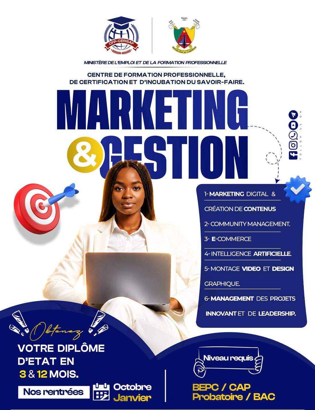 Affiche du pôle Marketing et gestion publiée par le centre, sous en-tête du Ministère de l'Emploi et de la Formation professionnelle.