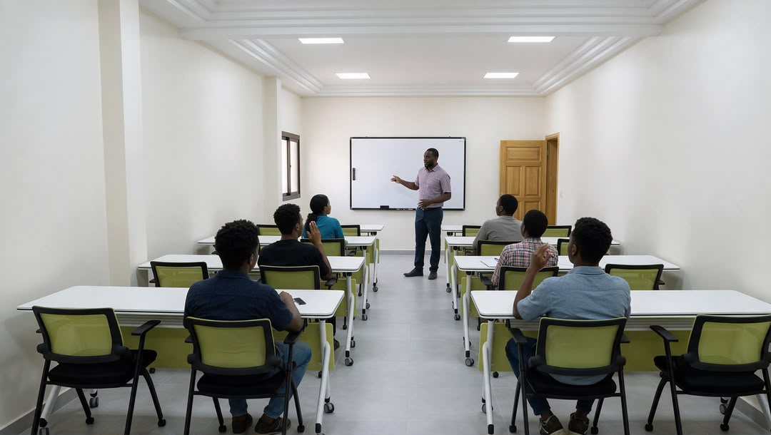 Cours en salle au centre : un formateur au tableau blanc, face aux apprenants attablés.