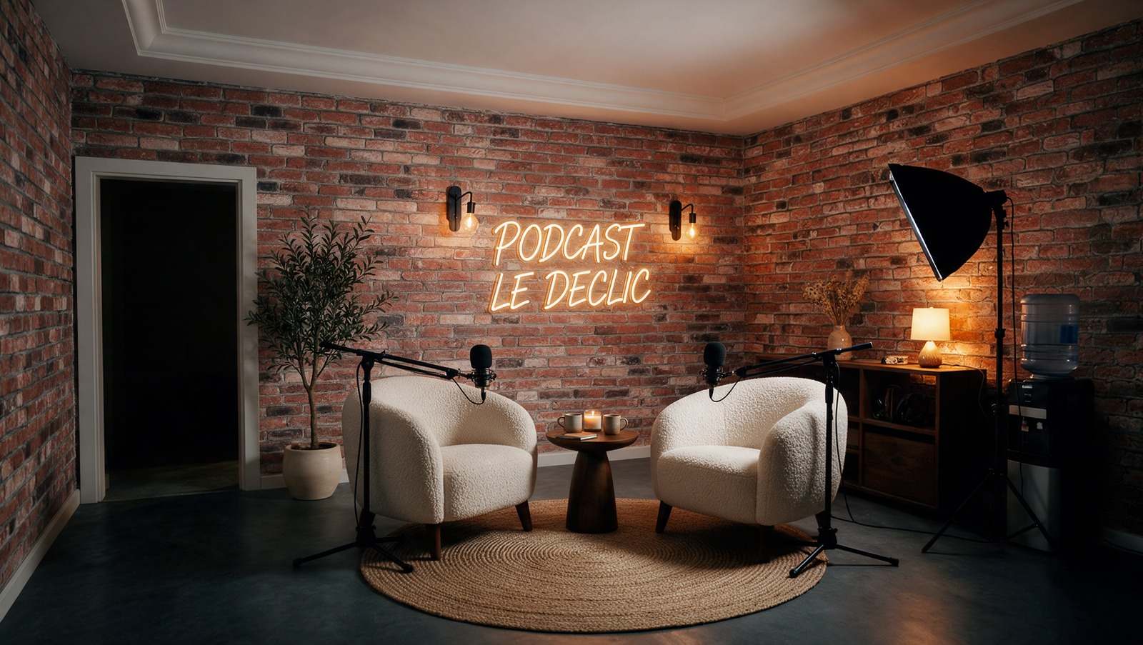 Studio d'enregistrement du centre : deux fauteuils, deux micros sur perche et l'enseigne lumineuse « Podcast Le Déclic » sur un mur de briques.