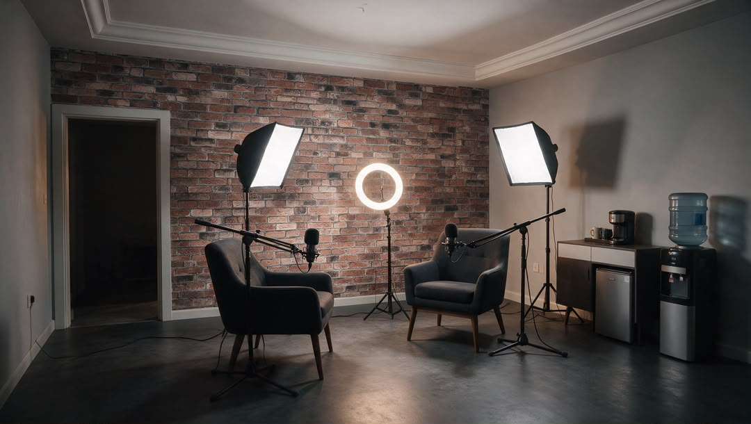 Studio d'enregistrement : deux fauteuils, deux micros sur perche et un projecteur devant un mur de briques.